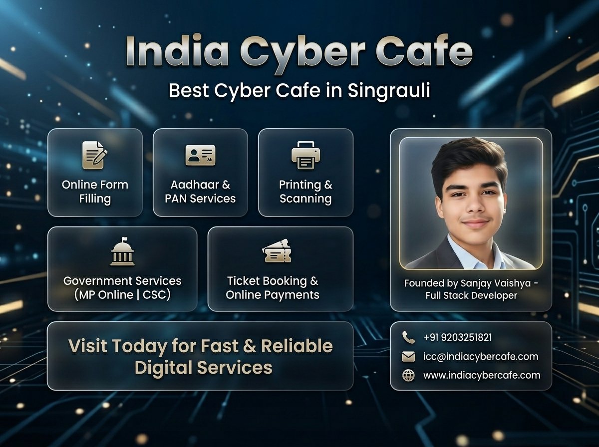 India Cyber Cafe Singrauli - Official Promotional Poster, listing key services for Digital India